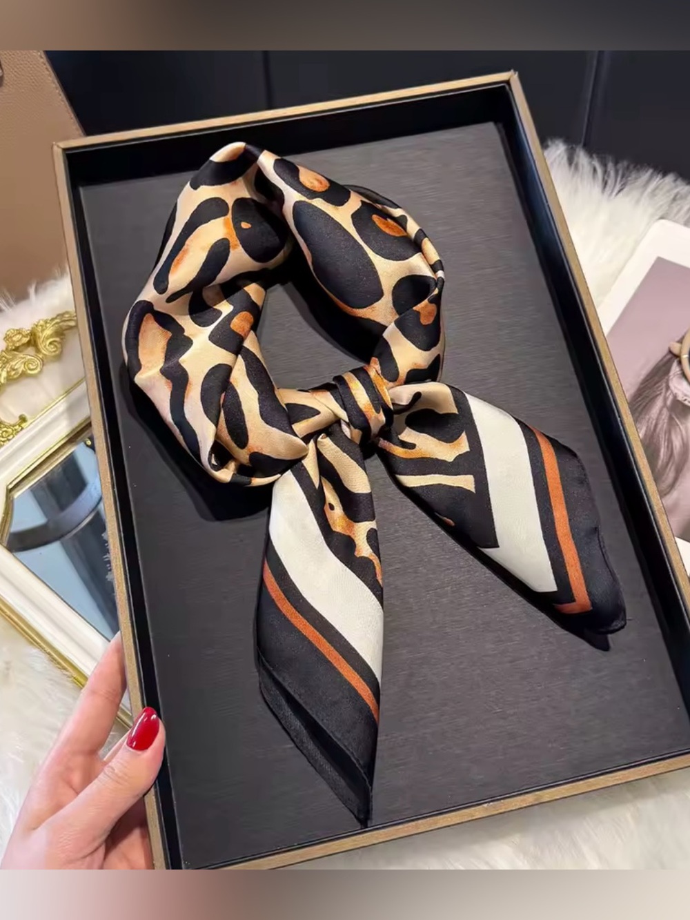 Silk-Look Leopard Print Hair Scarf Scrunchie in Tan and Black